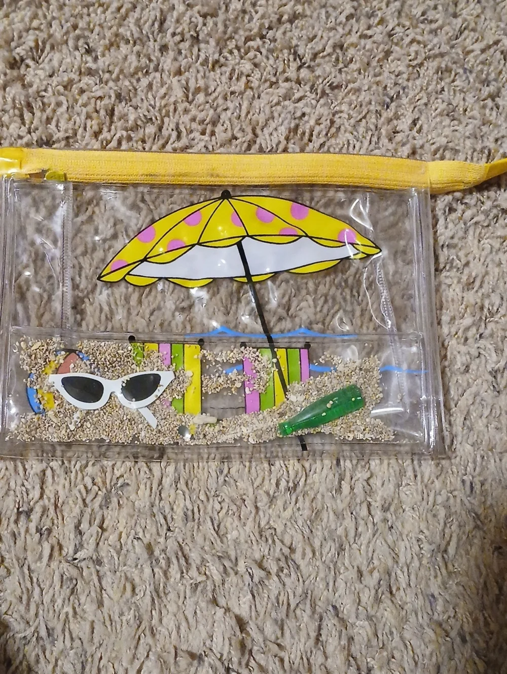 Clear Cosmetic Pouch with Yellow Trim and Beach Umbrella Graphic